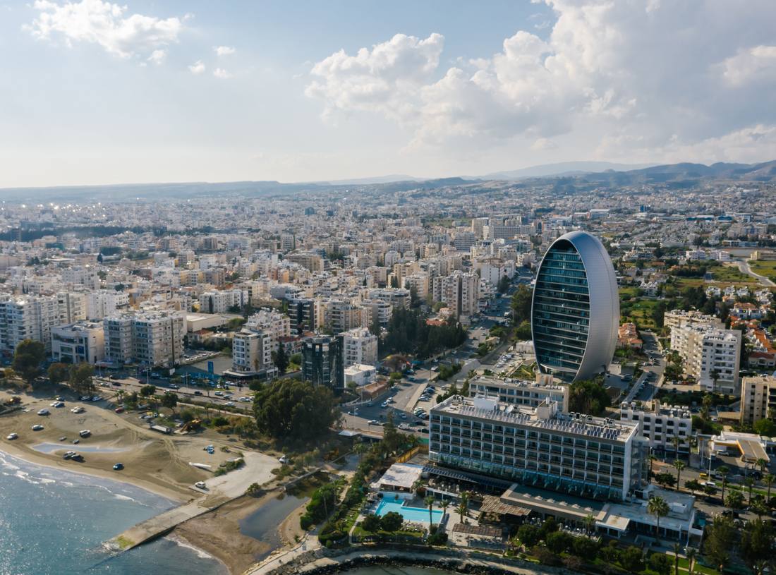 The seafront at Limassol in Cyprus from the air, with the oval tower above the coast